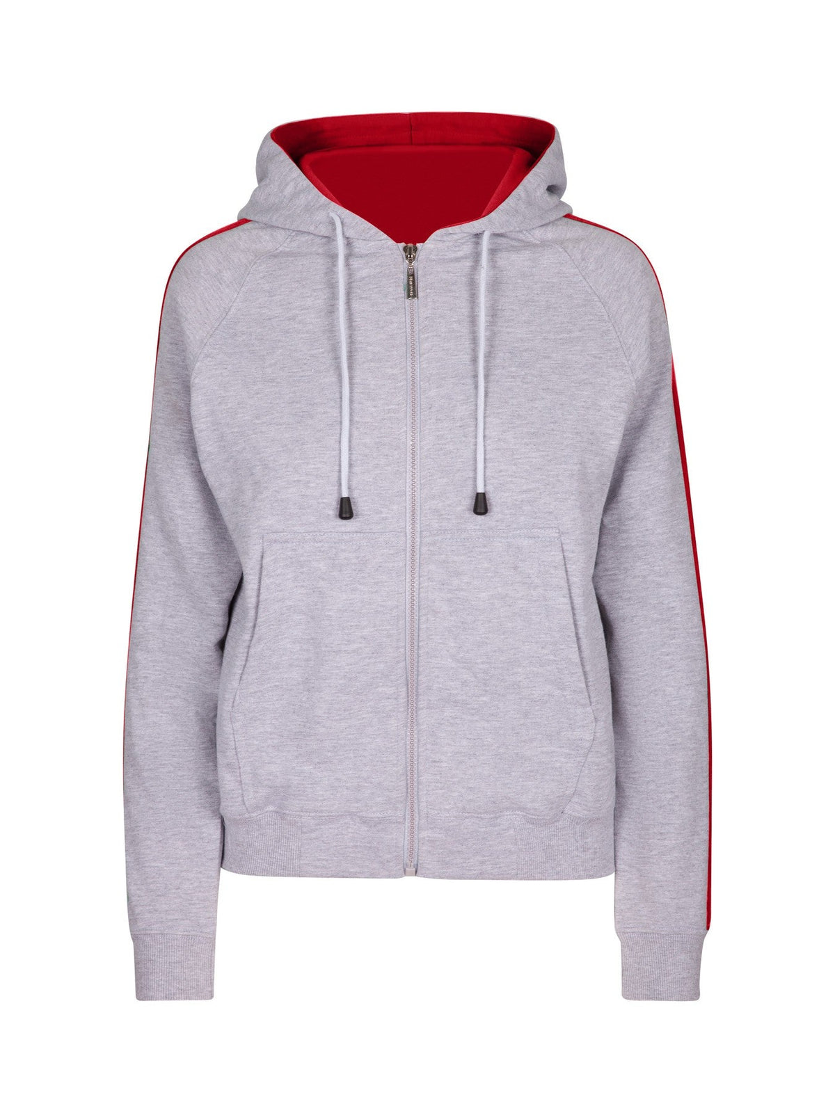 Womens/Junior stripe sleeves Hoodies - Grey Marl/Red - Front