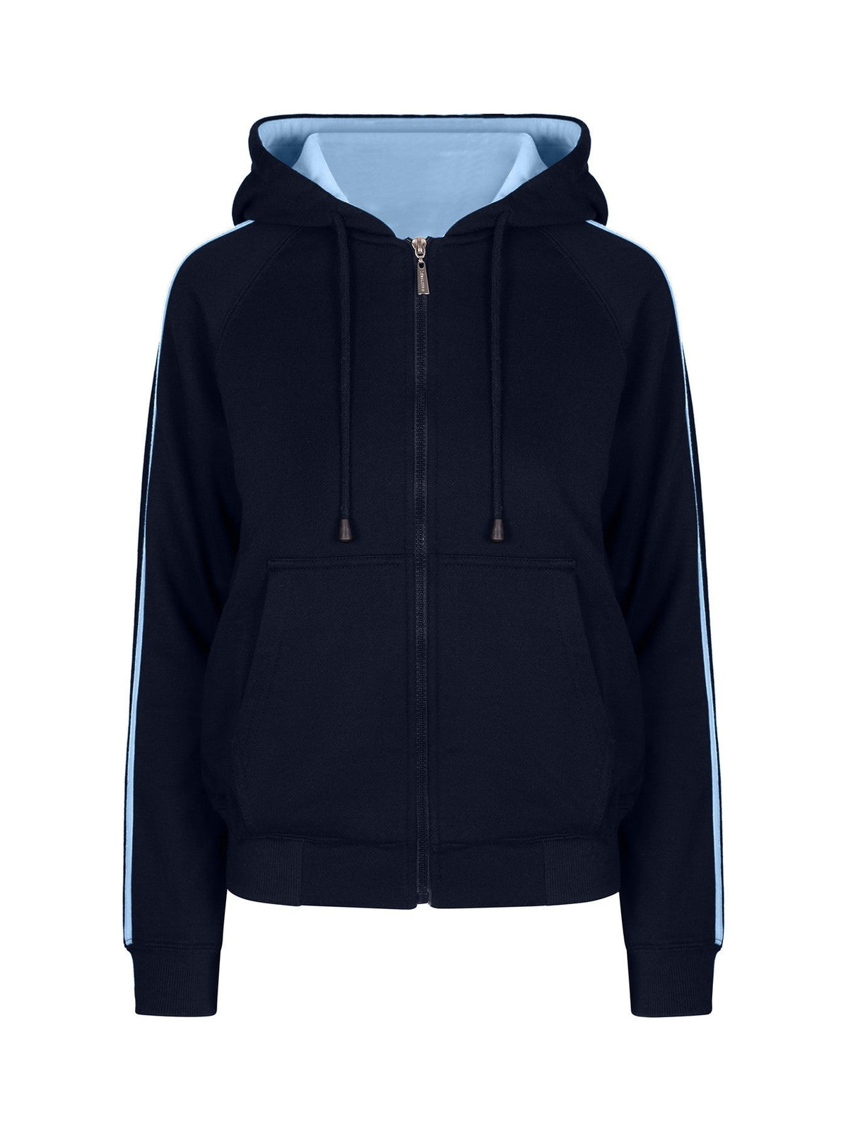 Womens/Junior stripe sleeves Hoodies - Navy/Sky Blue - Front