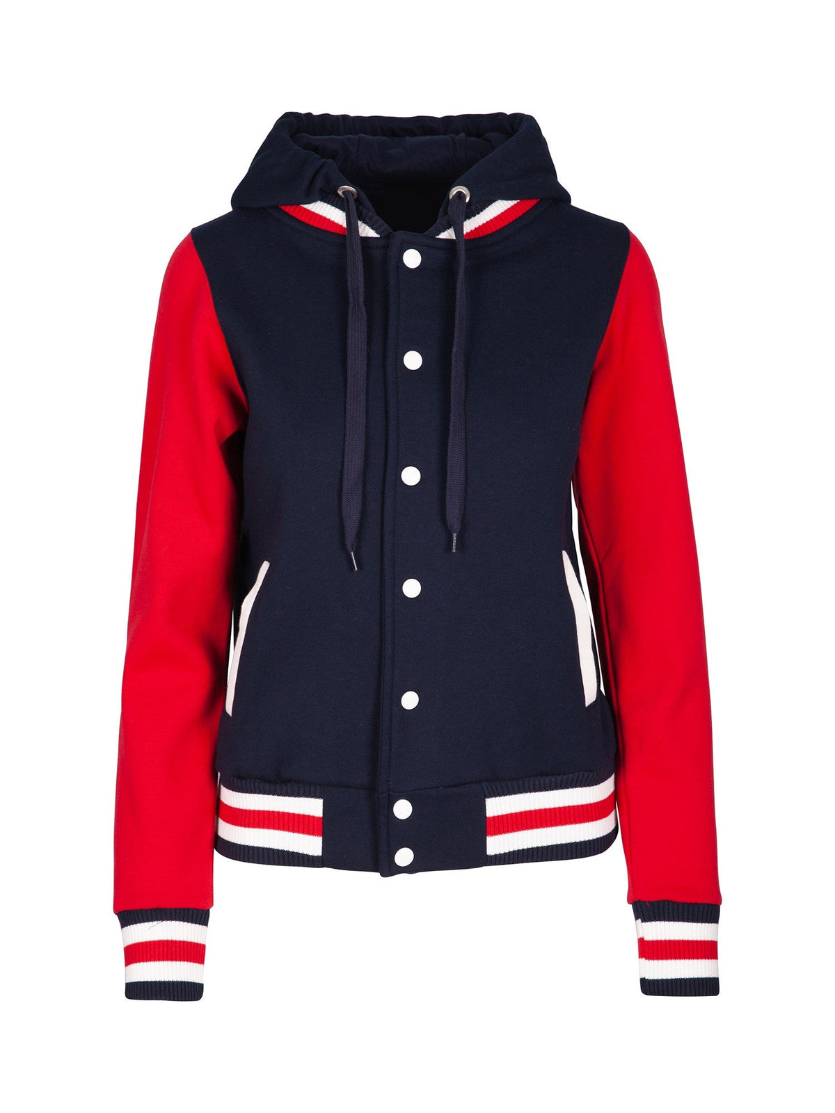 Womens Varsity Jacket & Hood - Navy/Red/White - Front