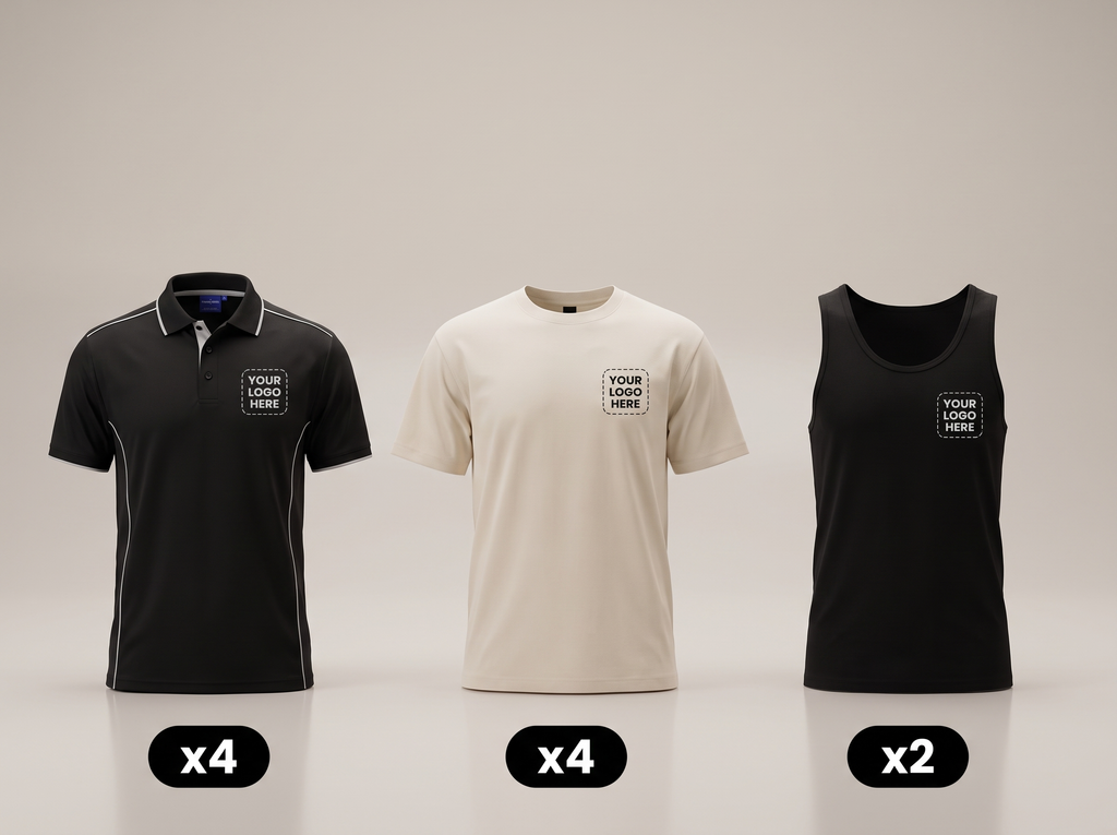 Summer Crew Pack deal: 4 polos + 4 tees + 2 singlets with your logo (illustrative)