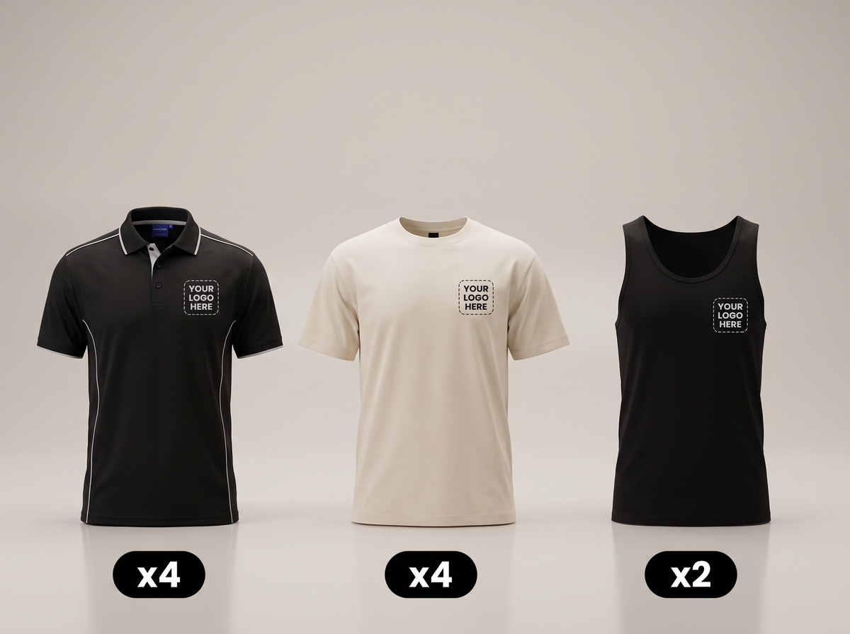 Summer Crew Pack deal: 4 polos + 4 tees + 2 singlets with your logo (illustrative)