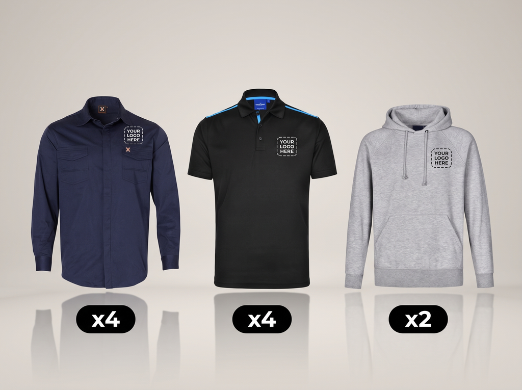 Trades Pack deal: 4 work shirts + 4 polos + 2 hoodies with your logo (illustrative)