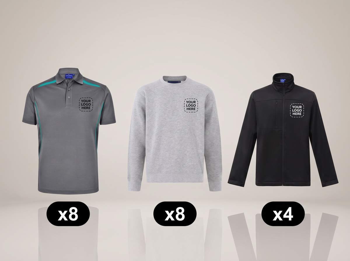 Winter Crew Pack deal: 8 polos + 8 crew sweats + 4 jackets with your logo (illustrative)