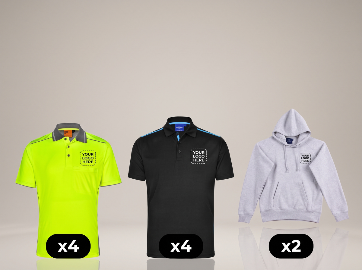 Site & Office Pack deal: 4 hi-vis polos + 4 polos + 2 hoodies with your logo (illustrative)
