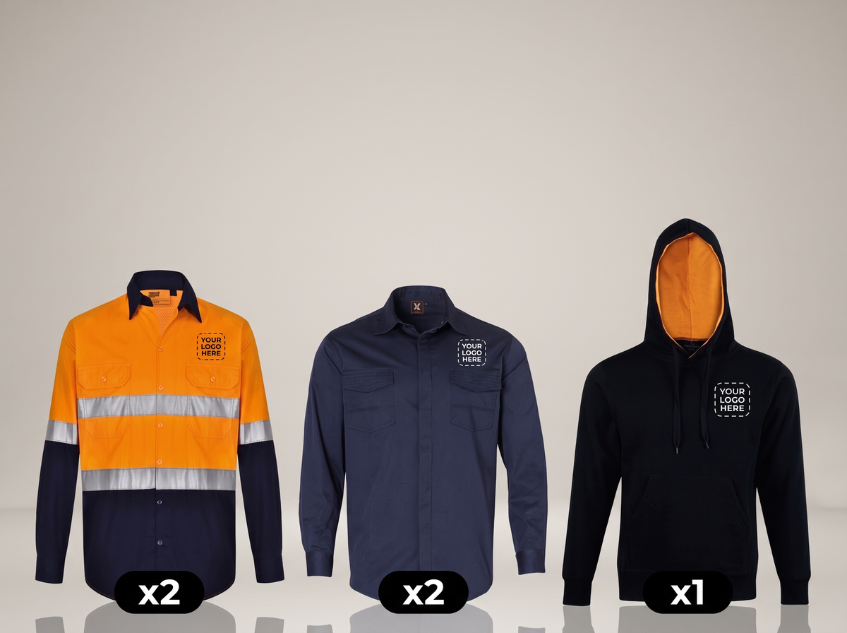Builders Pack deal: 2 hi-vis long sleeve shirts + 2 work shirts + 1 hoodie with your logo (illustrative)