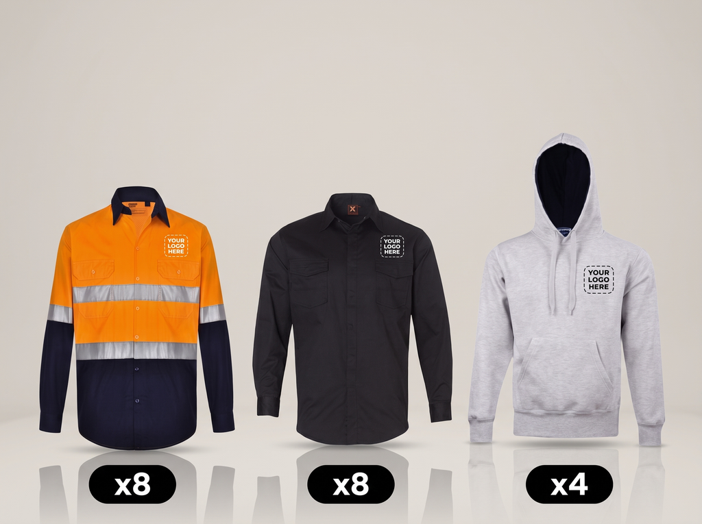 Builders Pack deal: 8 hi-vis long sleeve shirts + 8 work shirts + 4 hoodies with your logo (illustrative)