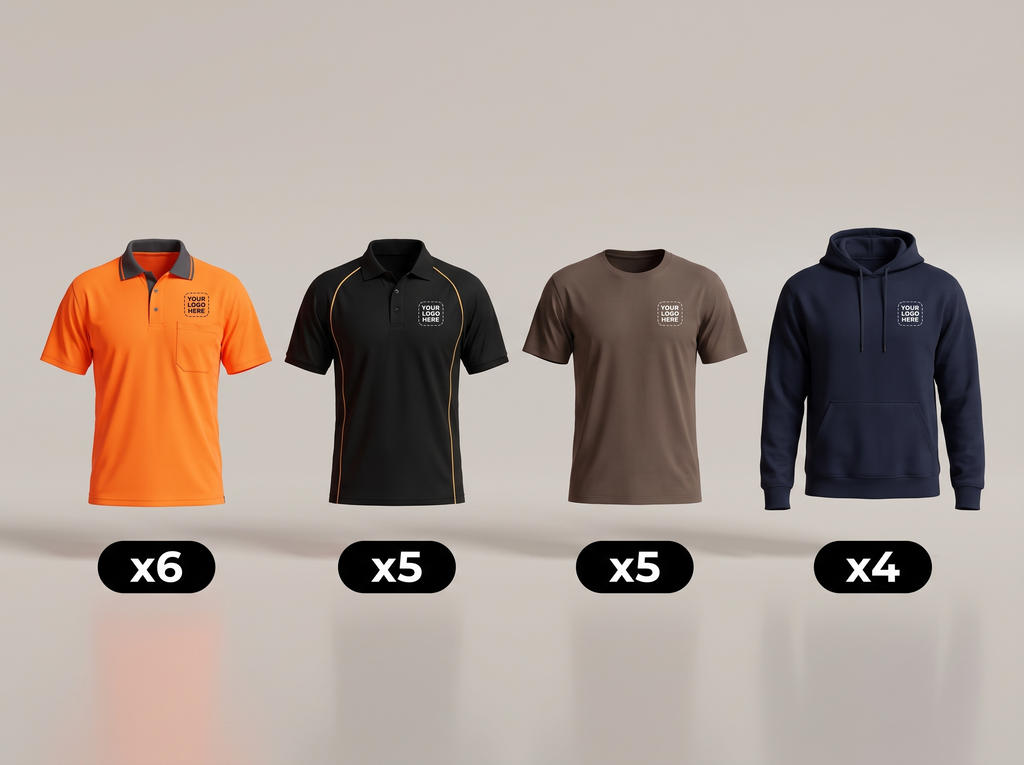 All-Rounder Pack deal: 6 hi-vis polos + 5 polos + 5 tees + 4 hoodies with your logo (illustrative)