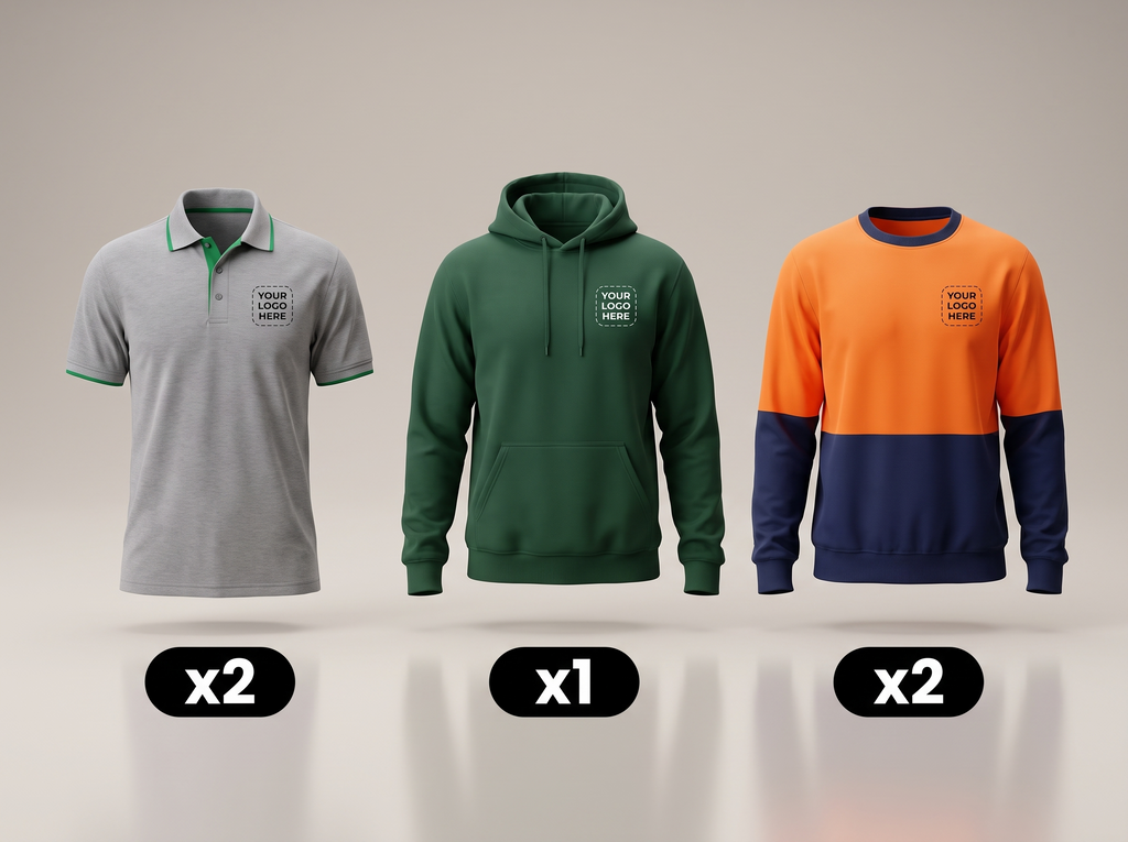 Cold Site Pack deal: 2 polos + 1 hoodie + 2 hi-vis jumpers with your logo (illustrative)