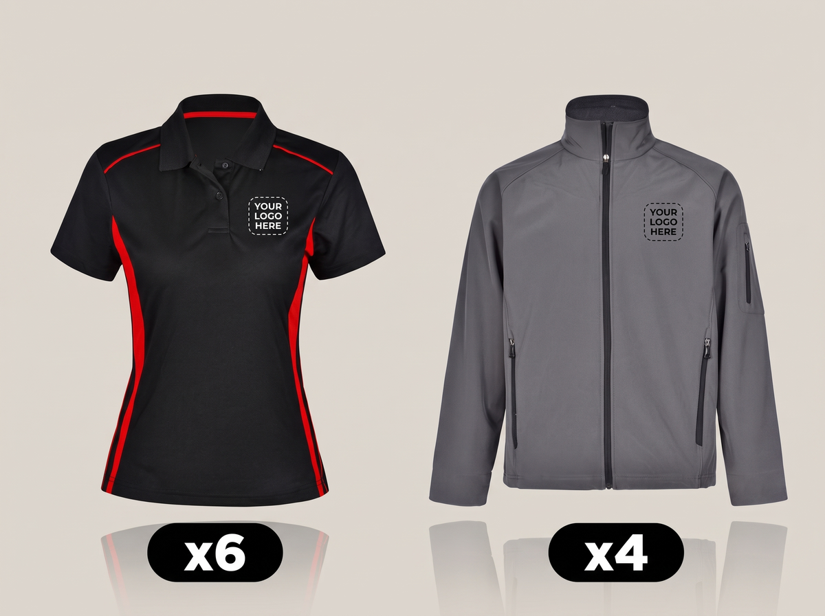 Corporate Softshell Pack deal: 6 polos + 4 jackets with your logo (illustrative)
