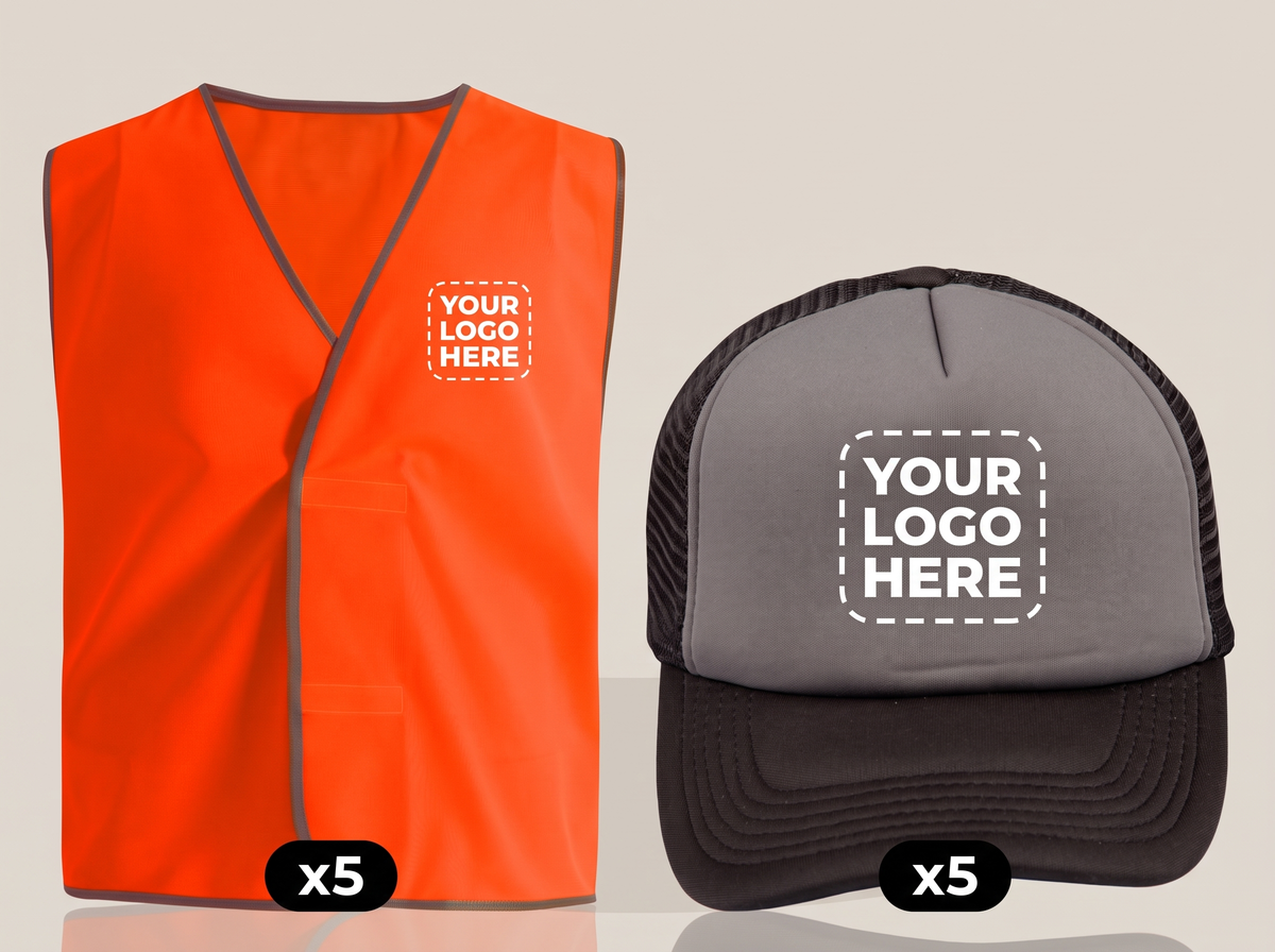 Site Visitor Pack deal: 5 hi-vis vests + 5 caps with your logo (illustrative)