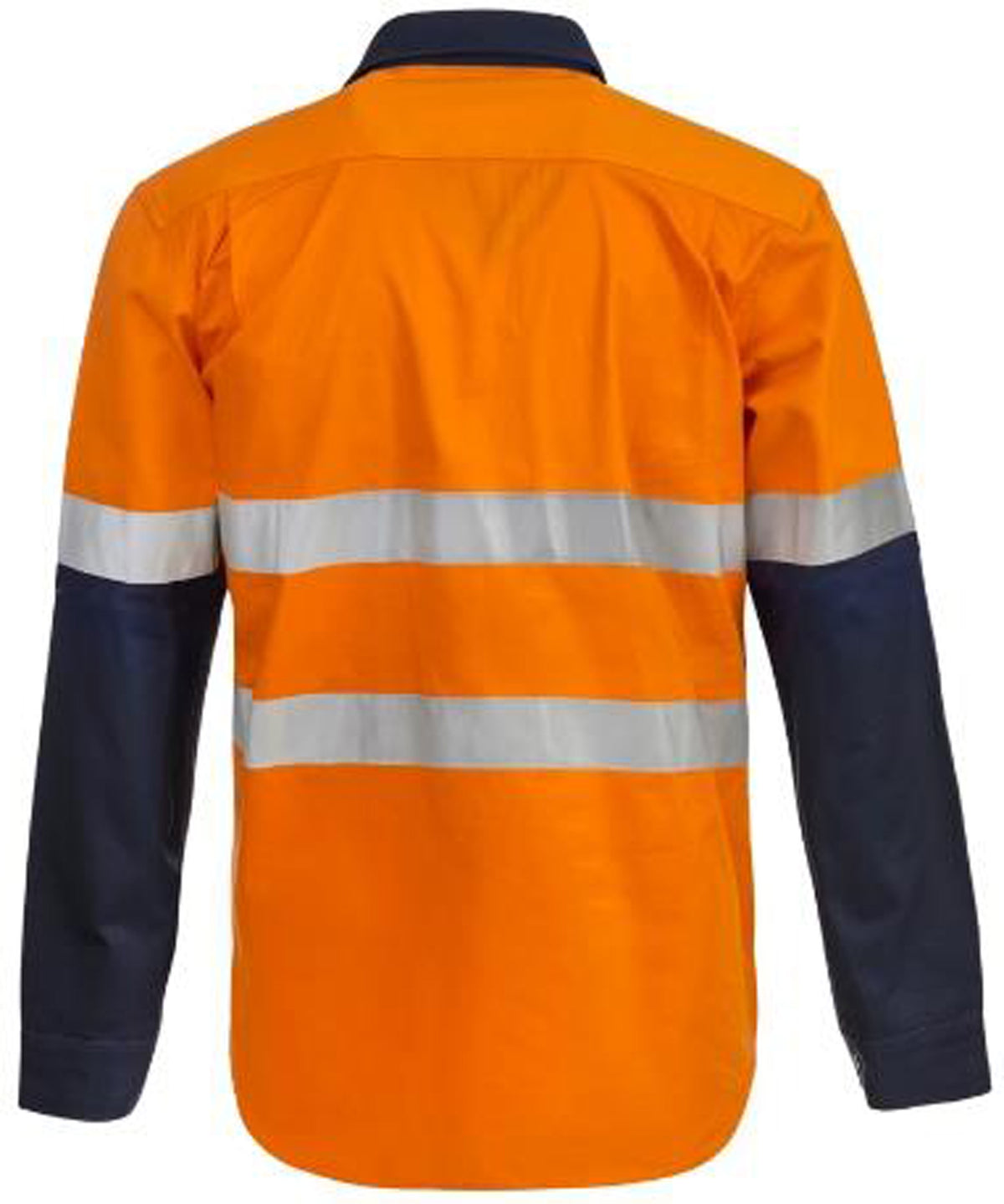 Heavy Duty Hybrid Hi Vis Closed Front Cotton Drill Reflective Shirt With Gusset Sleeves - Orange/Navy - View
