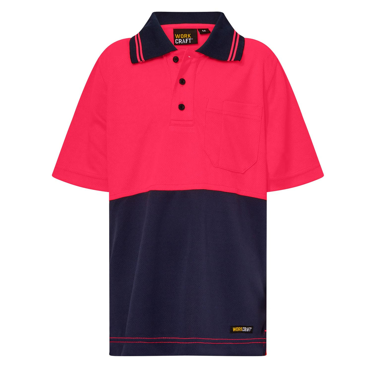 Kids Hi Vis Short Sleeve Micromesh Polo With Pocket - Pink Navy - Front