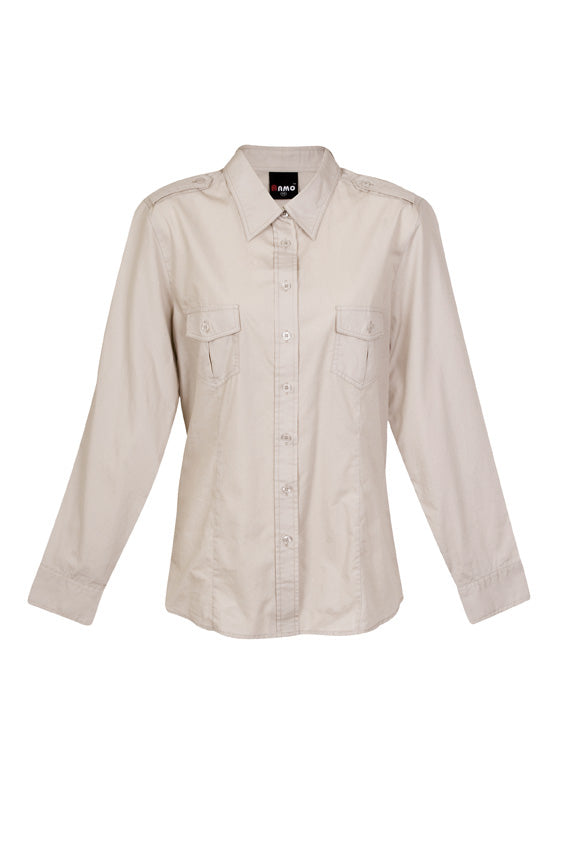 Womens Military Long Sleeve  Shirt - Beige - Front