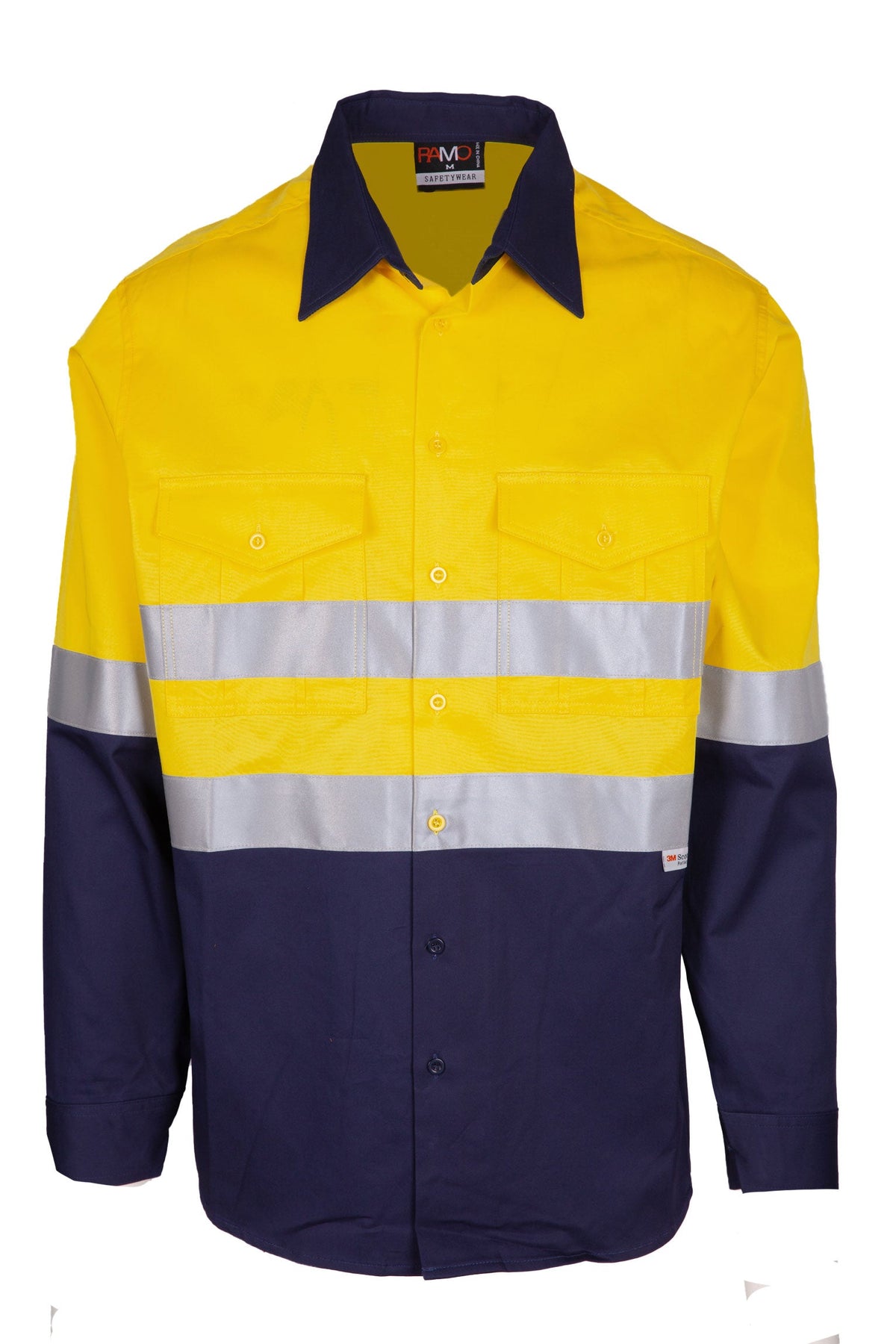 100% Combed Cotton Drill Long Sleeve Shirt - 3M - Yellow/Navy - Front