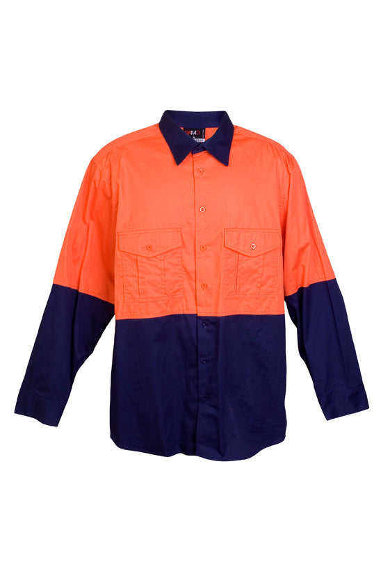 100%  Combed Cotton Drill Long Sleeve Shirts - Orange/Navy - Front