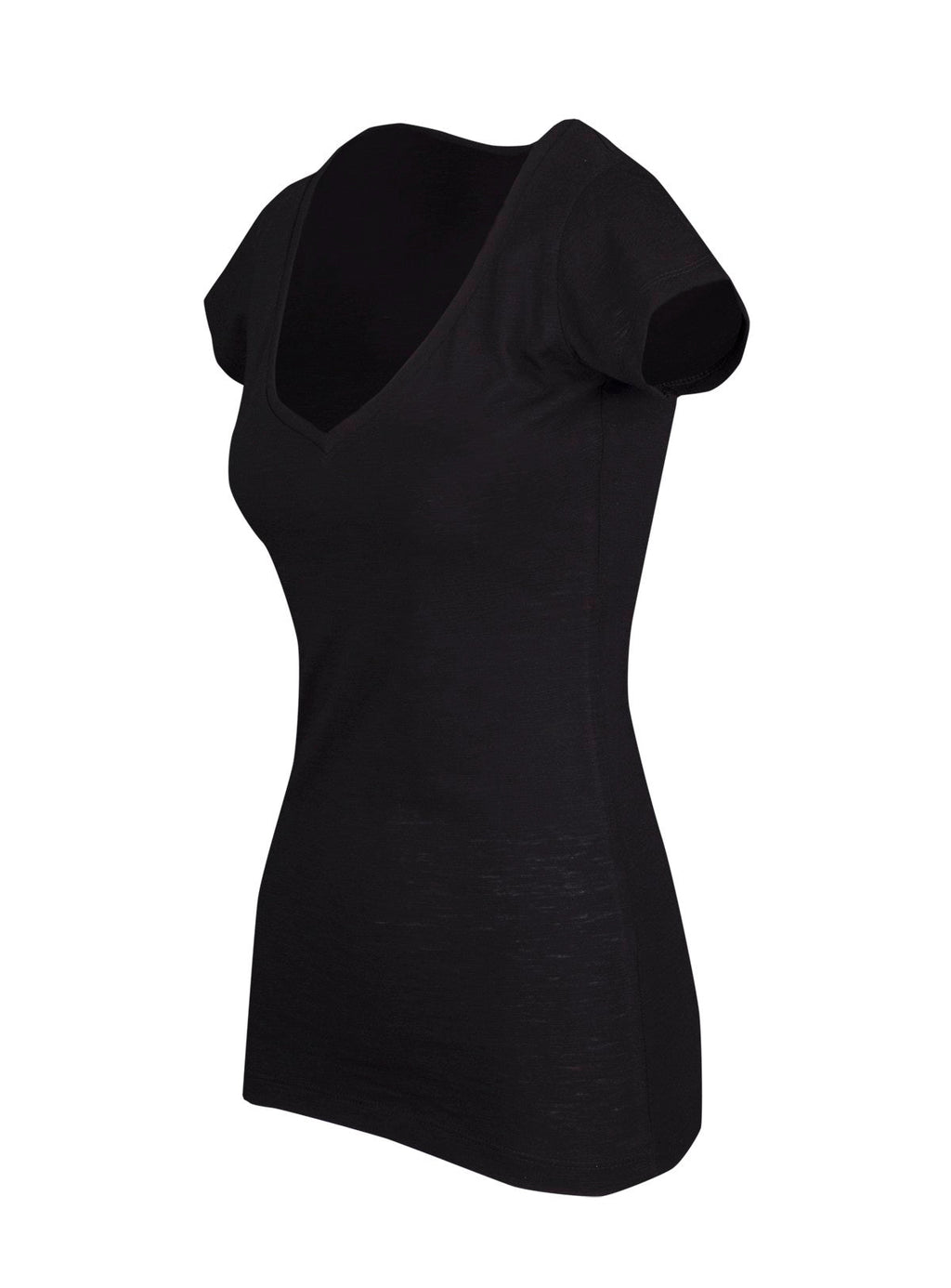 Women's Raw Cotton Wave V Neck Tshirt - Black - Side