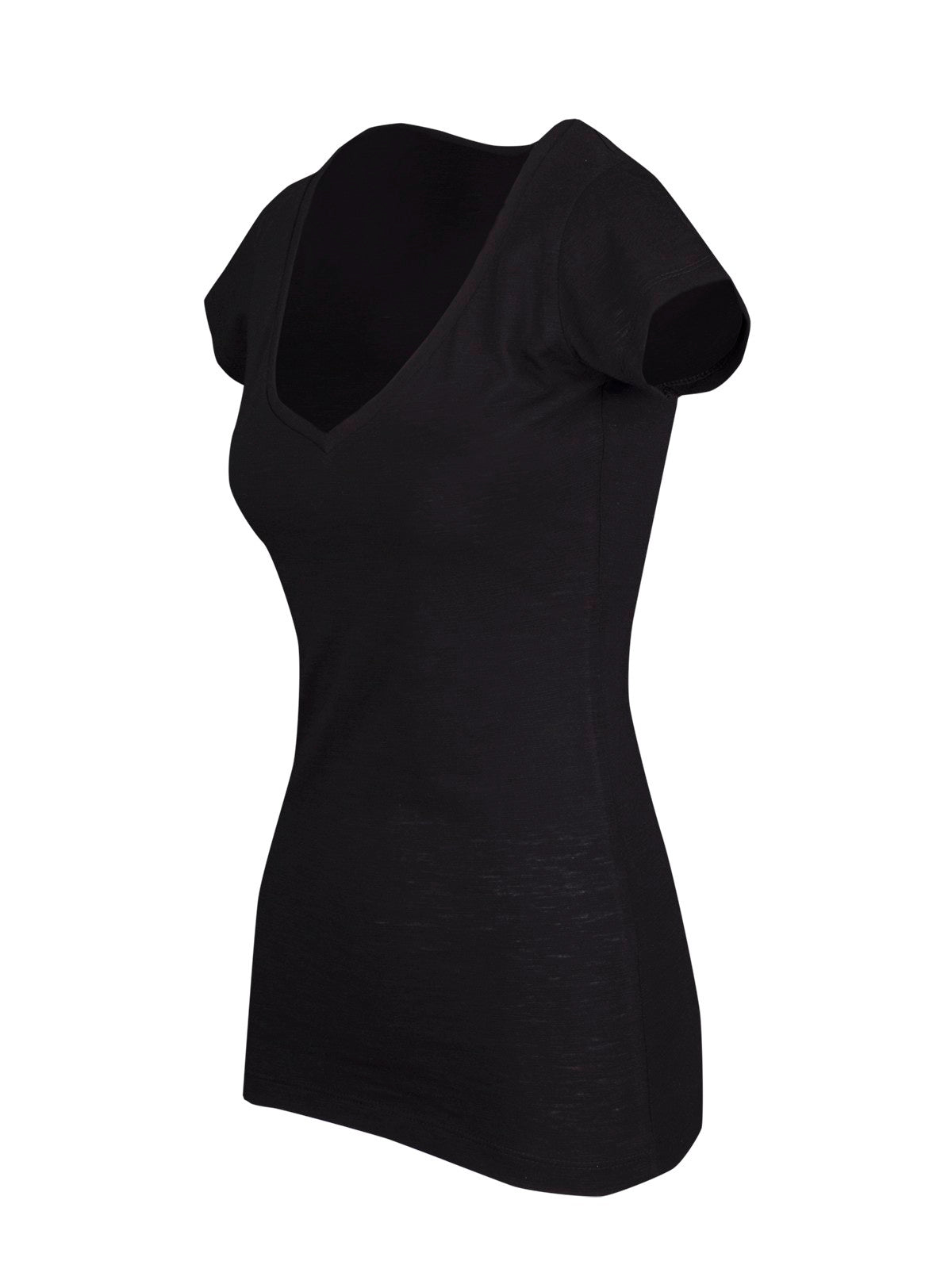 Women's Raw Cotton Wave V Neck Tshirt - Black - Side