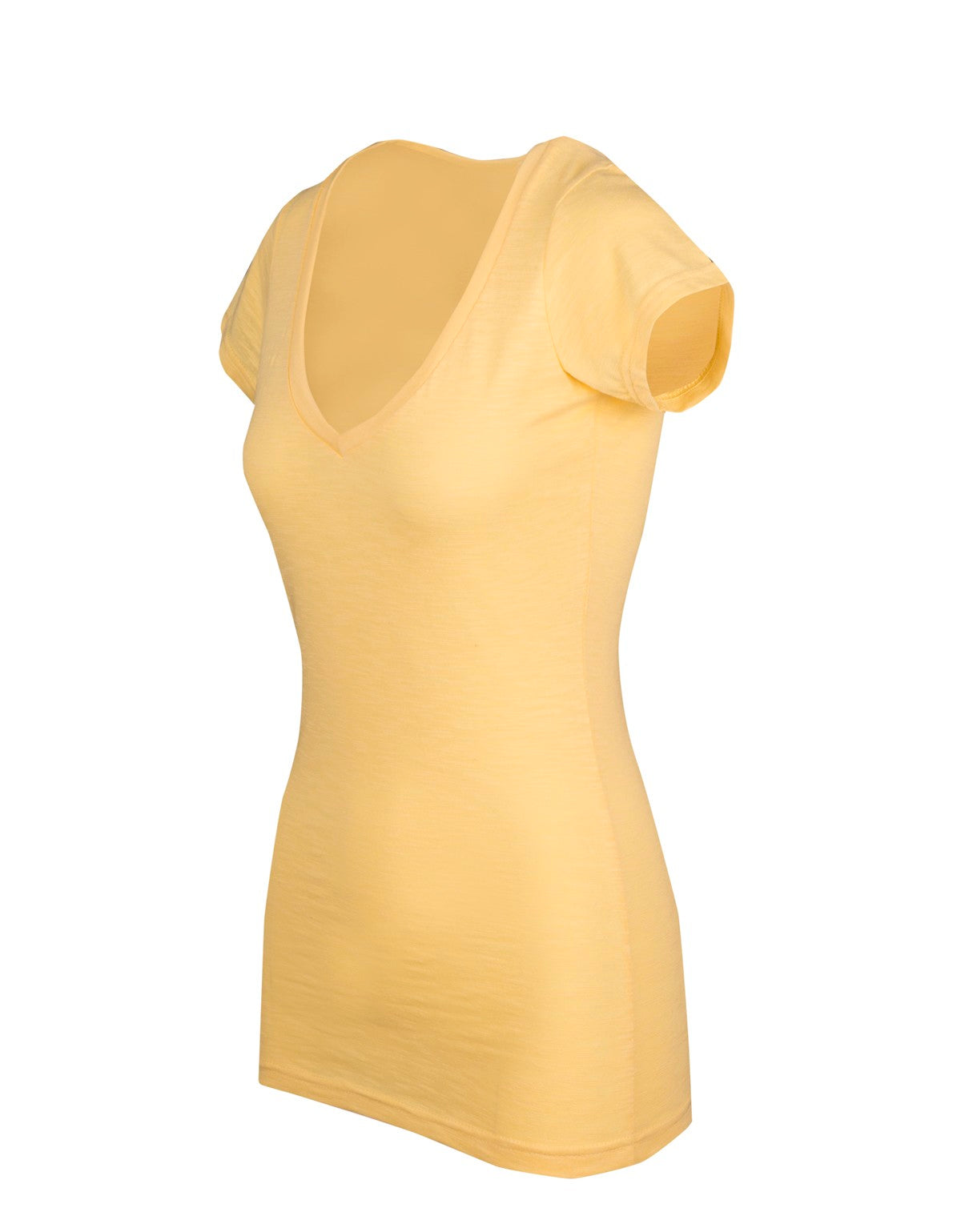 Women's Raw Cotton Wave V Neck Tshirt - Soft Yellow - Side