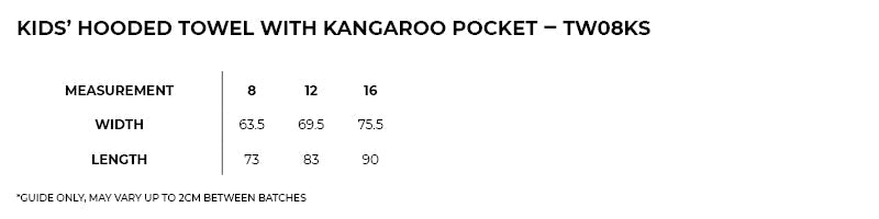 Kid's 380gsm poly/nylon hooded towel with kangaroo pocket - Size guide