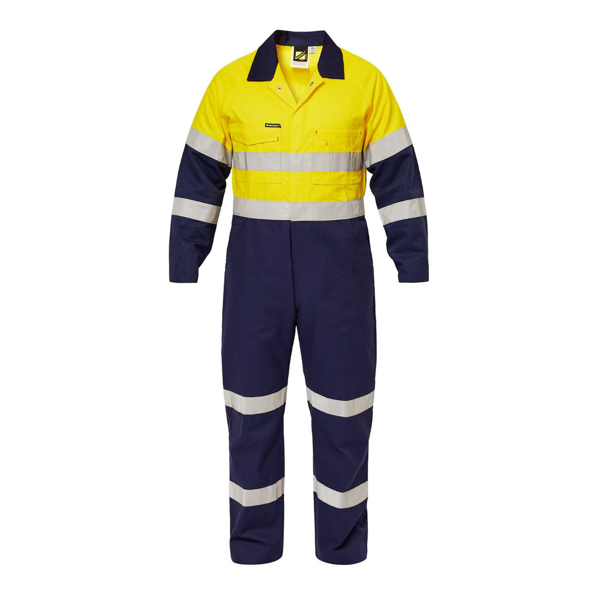 Hi Vis Two Tone Cotton Drill Coveralls With Industrial Laundry Reflective Tape - Yellow/Navy - Front