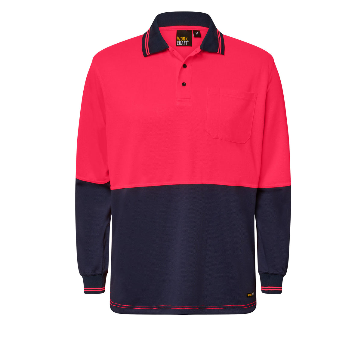Hi Vis Long Sleeve Micromesh Polo With Pocket - Pink Navy - Front